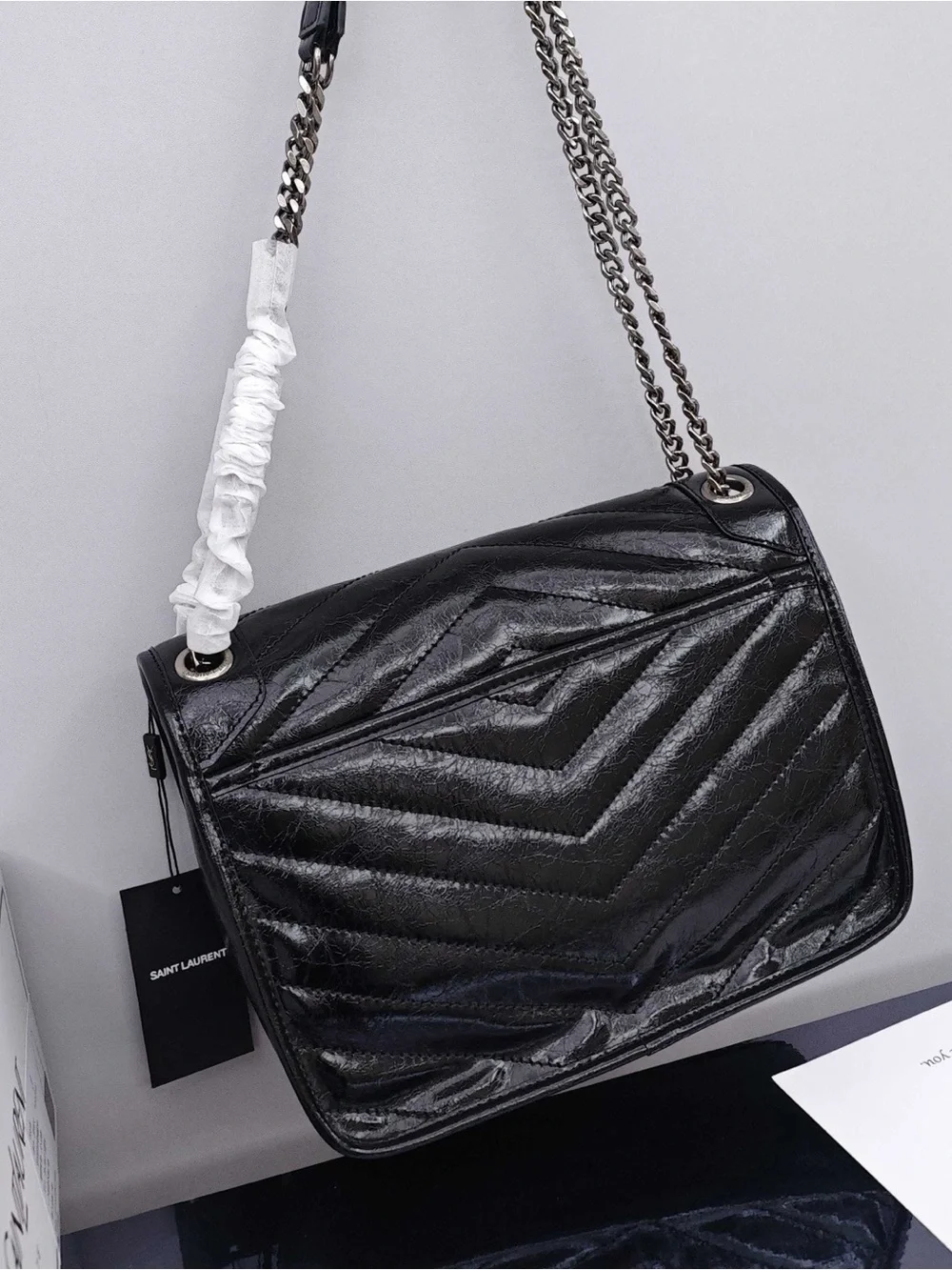 Saint Laurent Black Crinkled Leather Chain Shoulder Bag